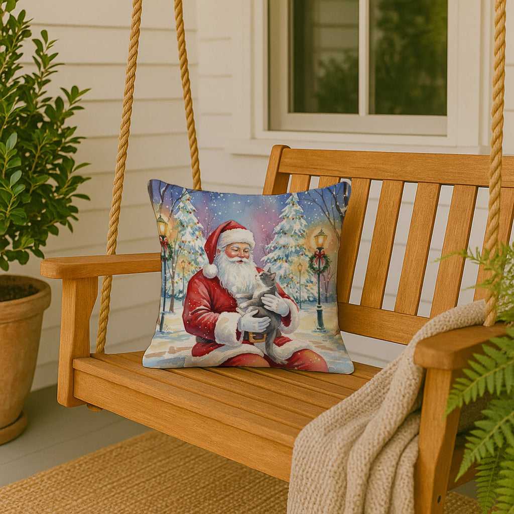 Gray and White Cat with Santa Claus Decorative Throw Pillow 18x18 Indoor Outdoor Accent Cushion, Fabric Cover with Insert for Sofa, Bed, Porch & Living Room