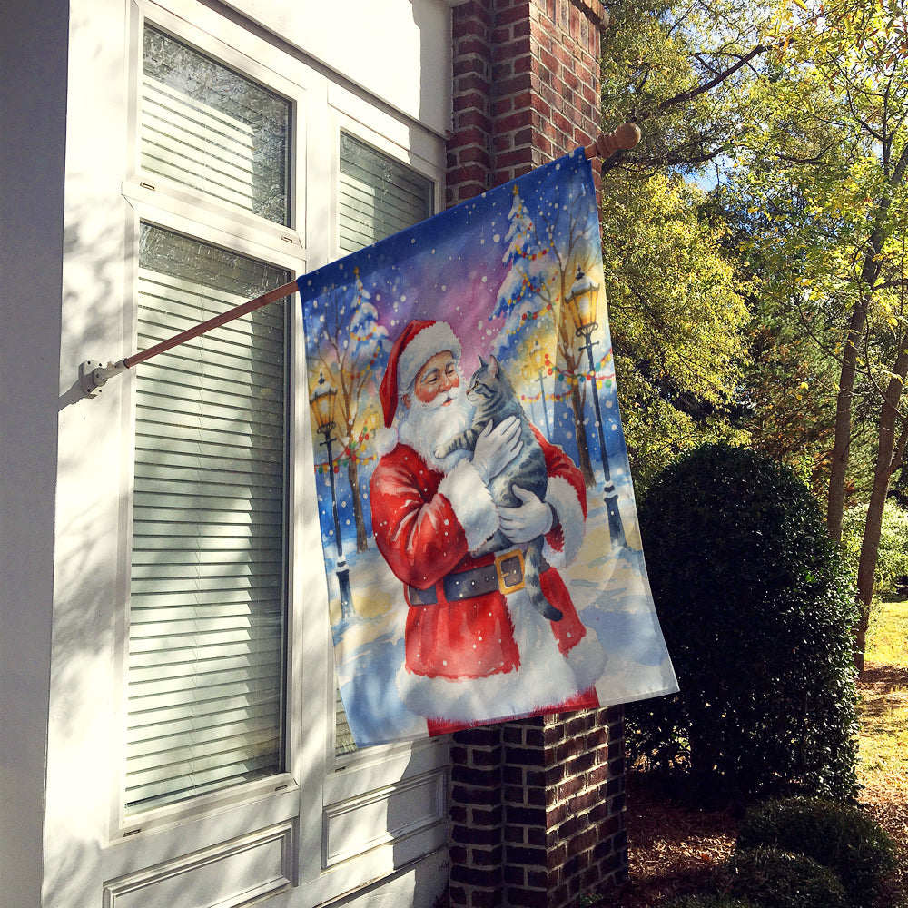 Gray Mackerel Tabby Cat with Santa Claus House Flag 28x40 Porch Sleeve Pole Decorative Outside Yard Banner Artwork Wall Hanging, Polyester