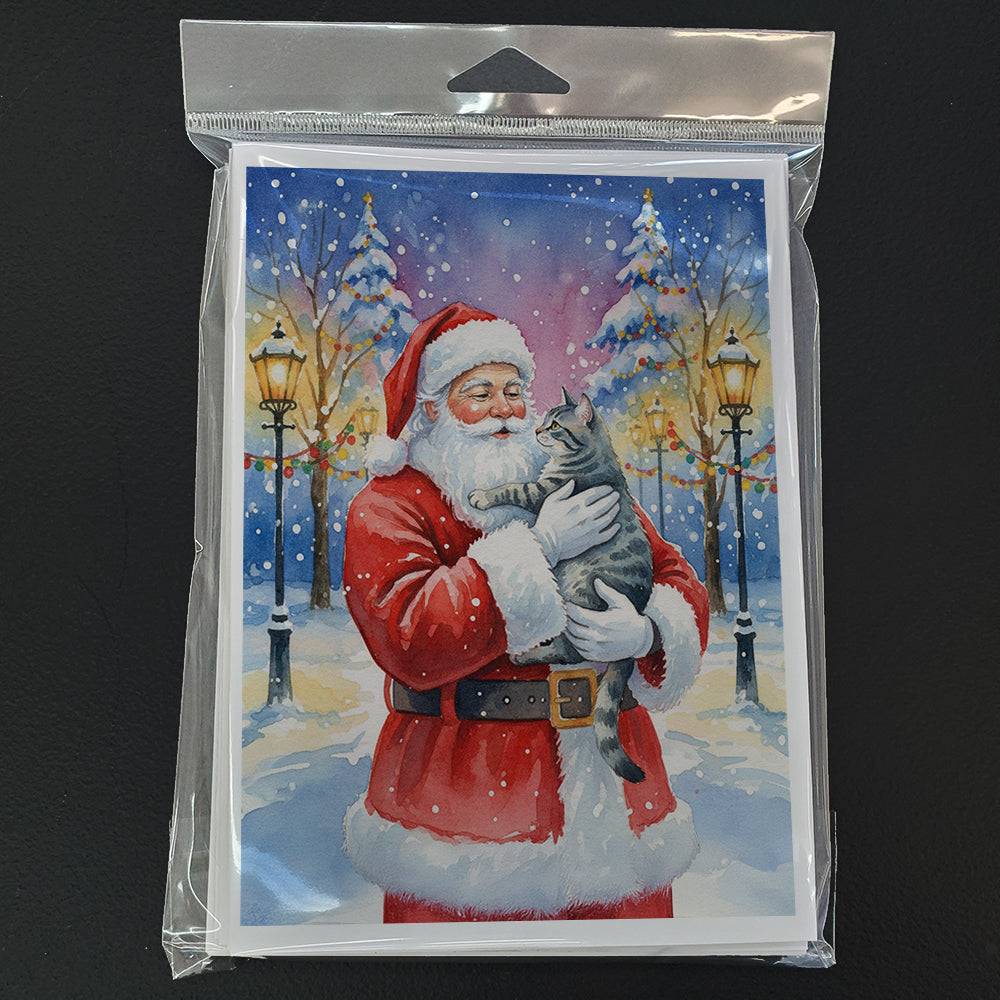 Gray Mackerel Tabby Cat with Santa Claus Greeting Cards Pack of 8 Blank Cards with Envelopes Whimsical A7 Size 5x7