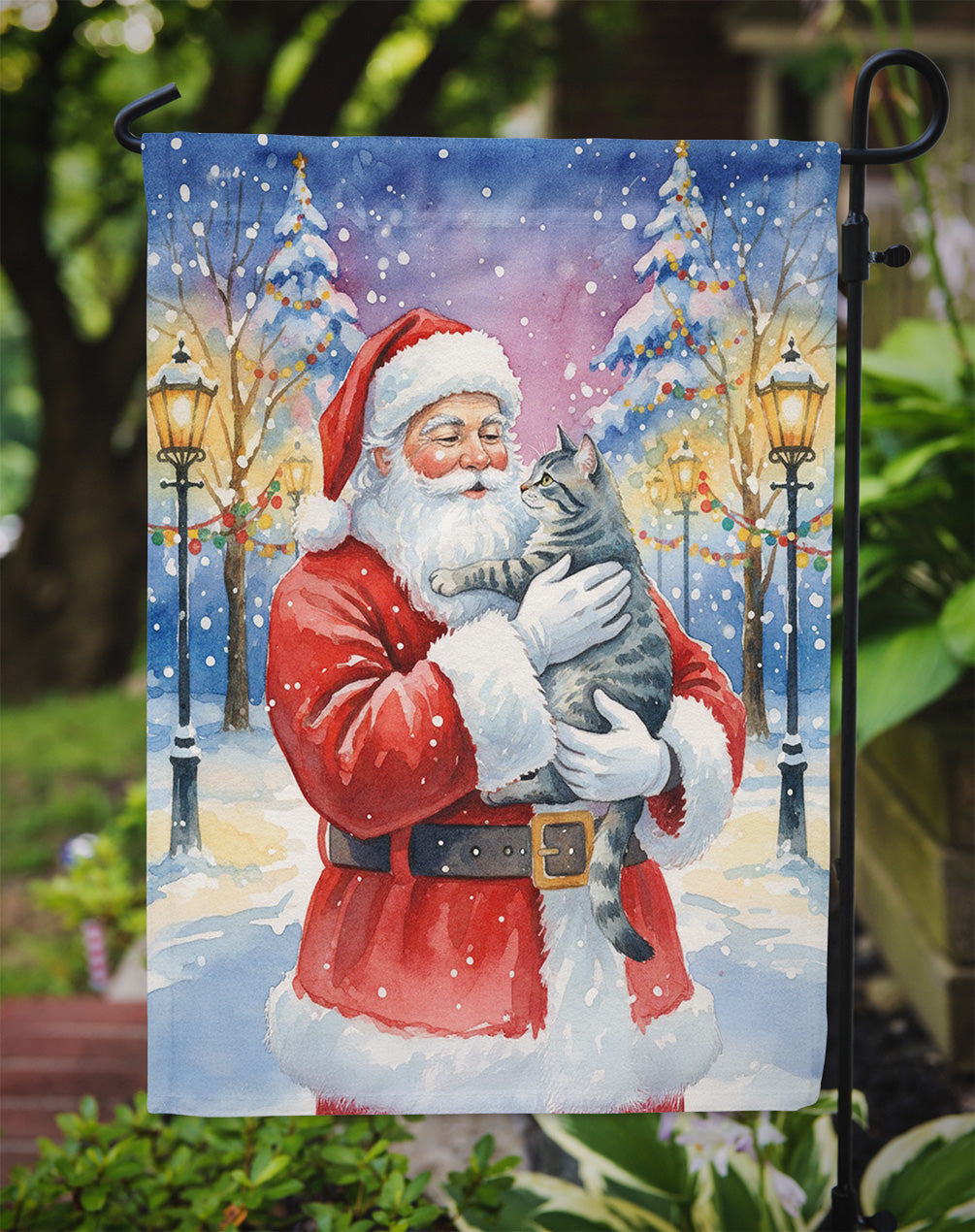 Gray Mackerel Tabby Cat with Santa Claus Garden Flag Mailbox Decorative Yard Banner Outside Patio Artwork for Flower Beds, Garden Size, Multicolor