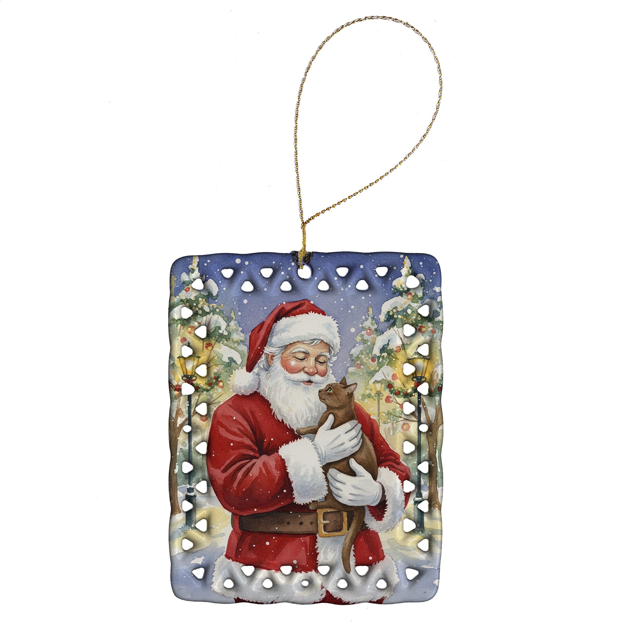 Havana Cat with Santa Claus Porcelain Ornament Christmas Tree Hanging Decorations for Home Christmas Holiday, Rectangle, Gift, Multicolor