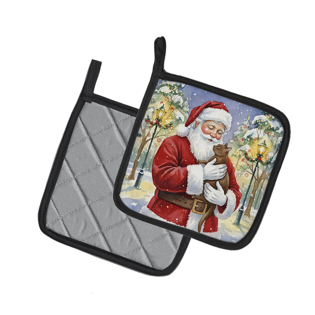 Havana Cat with Santa Claus Pot Holder Set of 2 Heat Resistant Quilted Hot Pads 7.5 x 7.5 Inch, Insulated Kitchen Trivets for Cooking & Baking