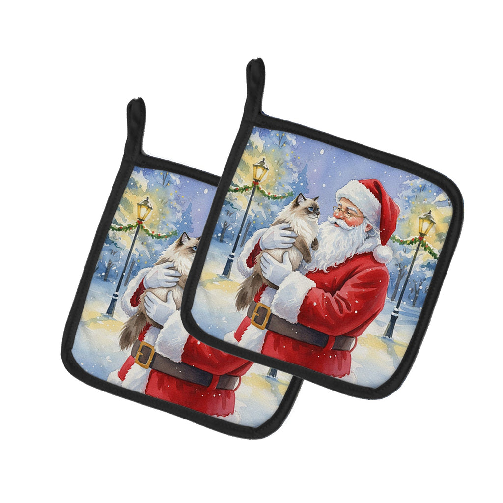 Himalayan Cat with Santa Claus Pot Holder Set of 2 Heat Resistant Quilted Hot Pads 7.5 x 7.5 Inch, Insulated Kitchen Trivets for Cooking & Baking