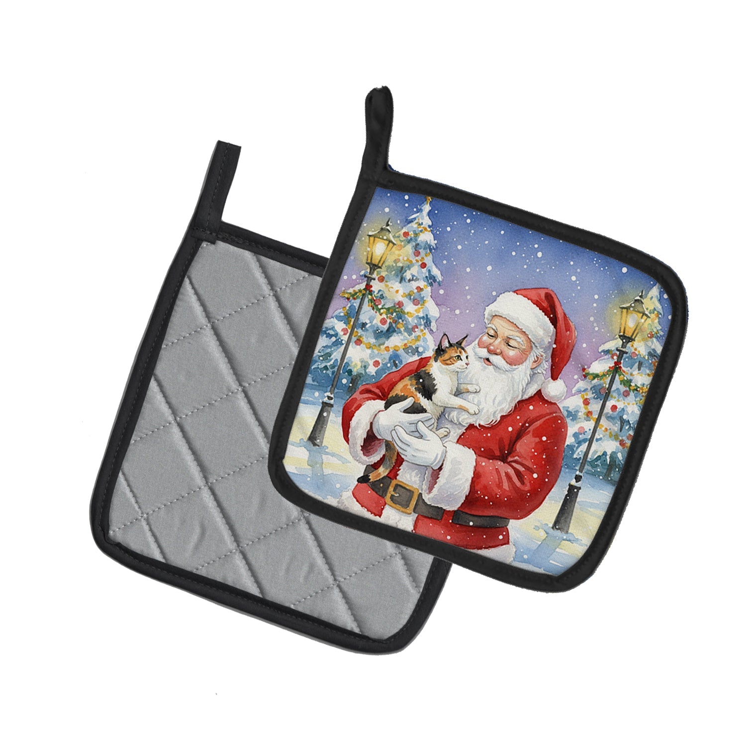 Japanese Bobtail Cat with Santa Claus Pot Holder Set of 2 Heat Resistant Quilted Hot Pads 7.5 x 7.5 Inch, Insulated Kitchen Trivets for Cooking & Baking