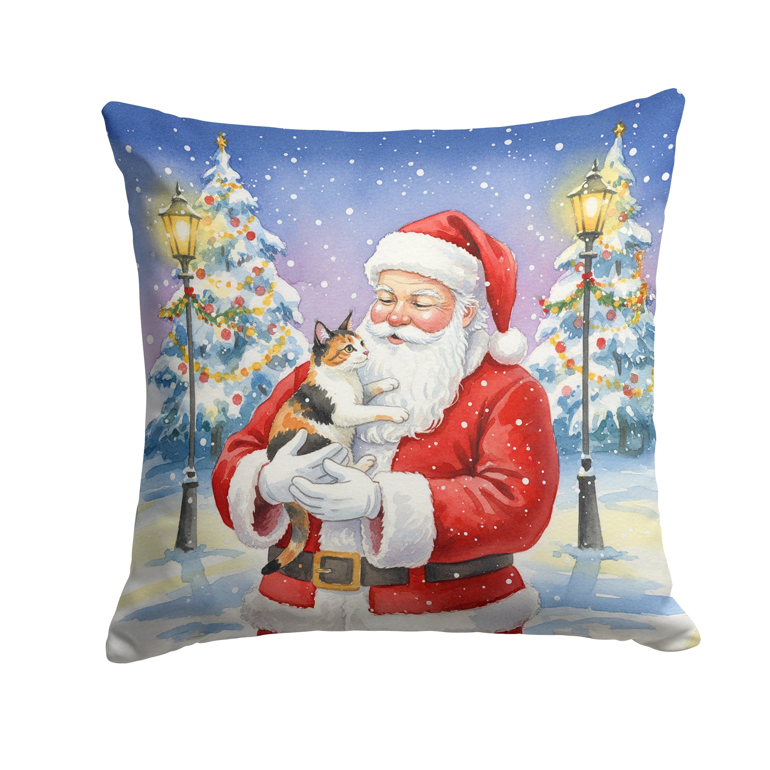 Japanese Bobtail Cat with Santa Claus Decorative Throw Pillow 14x14 Indoor Outdoor Accent Cushion, Fabric Cover with Insert for Sofa, Bed, Porch & Living Room
