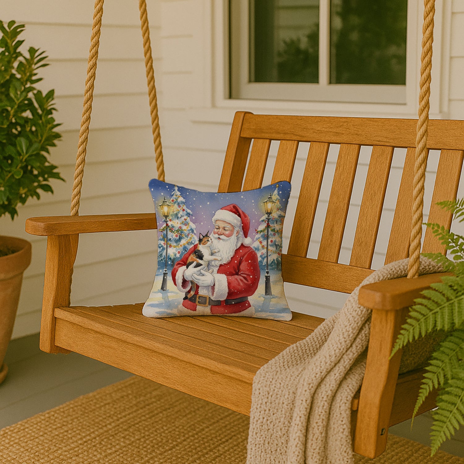 Japanese Bobtail Cat with Santa Claus Decorative Throw Pillow 14x14 Indoor Outdoor Accent Cushion, Fabric Cover with Insert for Sofa, Bed, Porch & Living Room