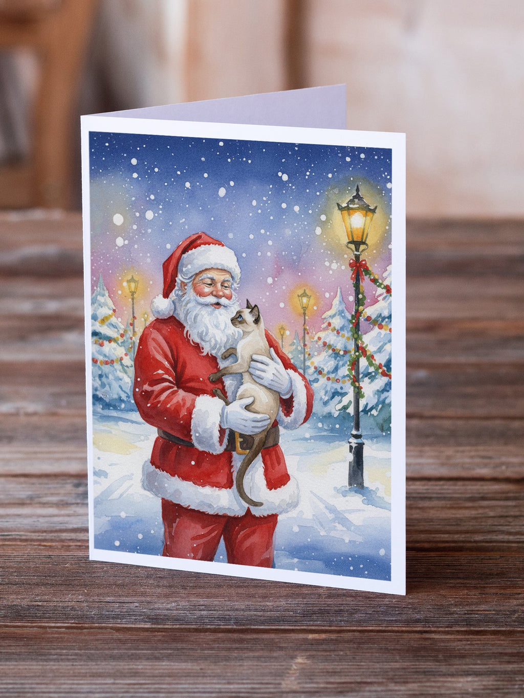 Javanese Cat with Santa Claus Greeting Cards Pack of 8 Blank Cards with Envelopes Whimsical A7 Size 5x7