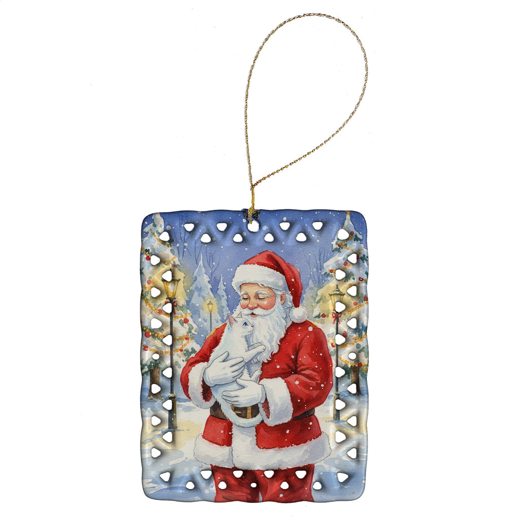 Khao Manee Cat with Santa Claus Porcelain Ornament Christmas Tree Hanging Decorations for Home Christmas Holiday, Rectangle, Gift, Multicolor