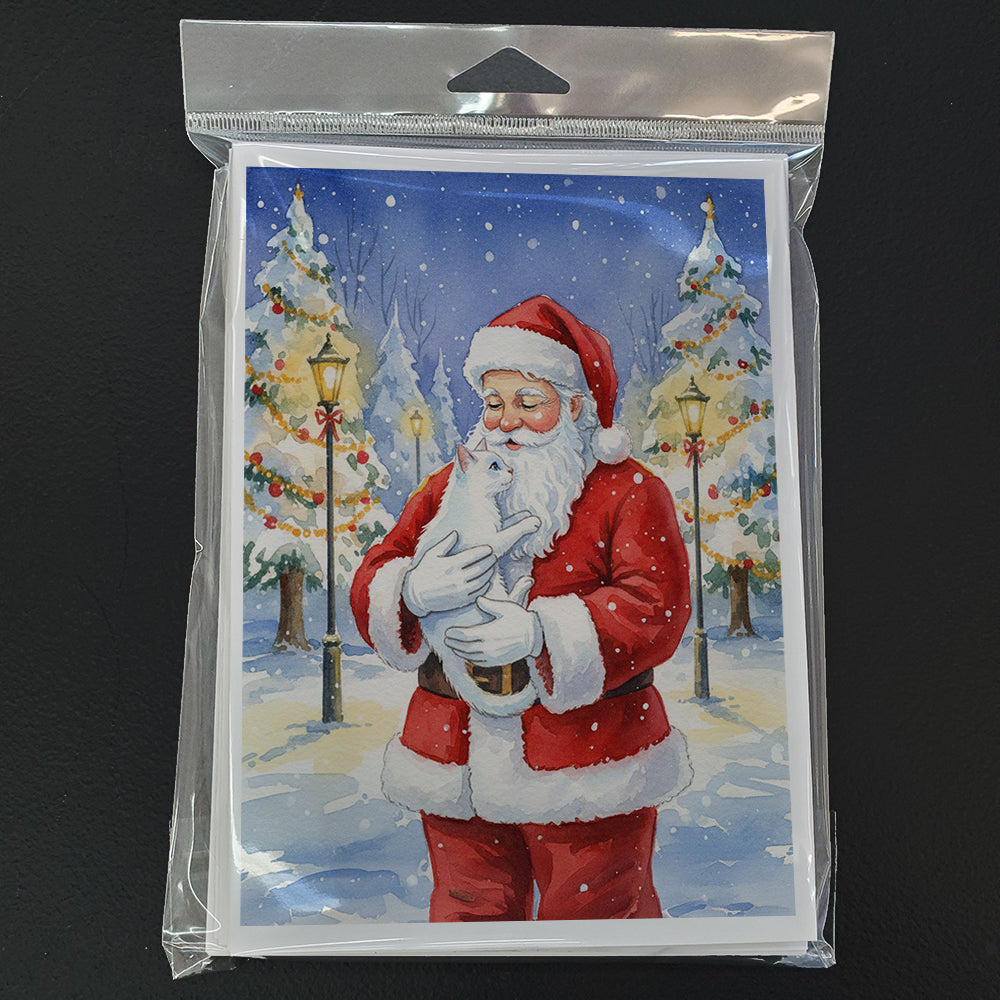 Khao Manee Cat with Santa Claus Greeting Cards Pack of 8 Blank Cards with Envelopes Whimsical A7 Size 5x7
