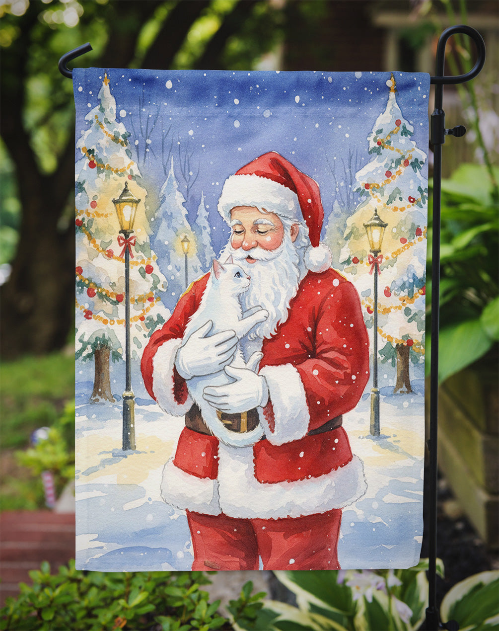 Khao Manee Cat with Santa Claus Garden Flag Mailbox Decorative Yard Banner Outside Patio Artwork for Flower Beds, Garden Size, Multicolor