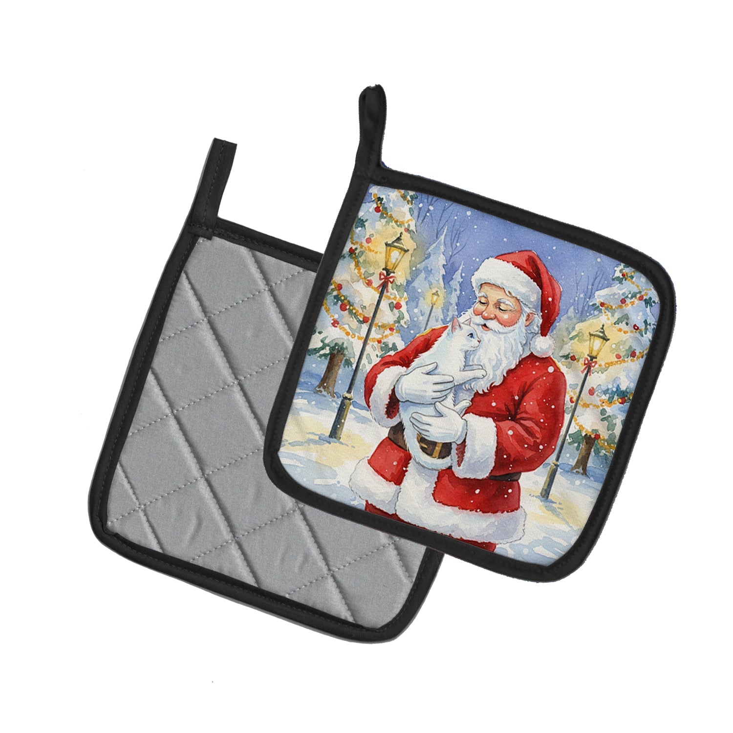Khao Manee Cat with Santa Claus Pot Holder Set of 2 Heat Resistant Quilted Hot Pads 7.5 x 7.5 Inch, Insulated Kitchen Trivets for Cooking & Baking
