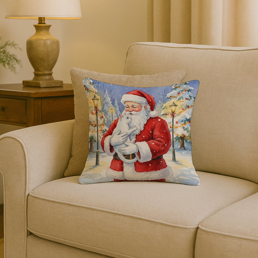 Khao Manee Cat with Santa Claus Decorative Throw Pillow 18x18 Indoor Outdoor Accent Cushion, Fabric Cover with Insert for Sofa, Bed, Porch & Living Room