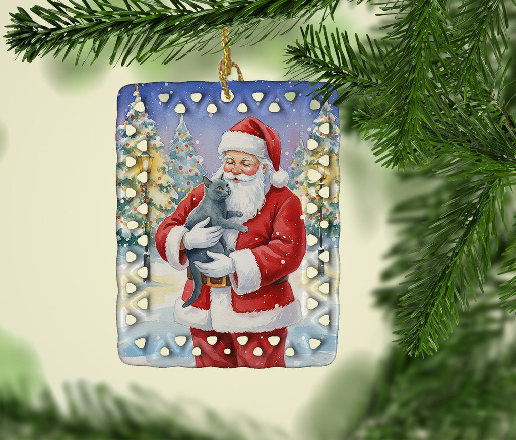 Korat Cat with Santa Claus Porcelain Ornament Christmas Tree Hanging Decorations for Home Christmas Holiday, Rectangle, Gift, Multicolor