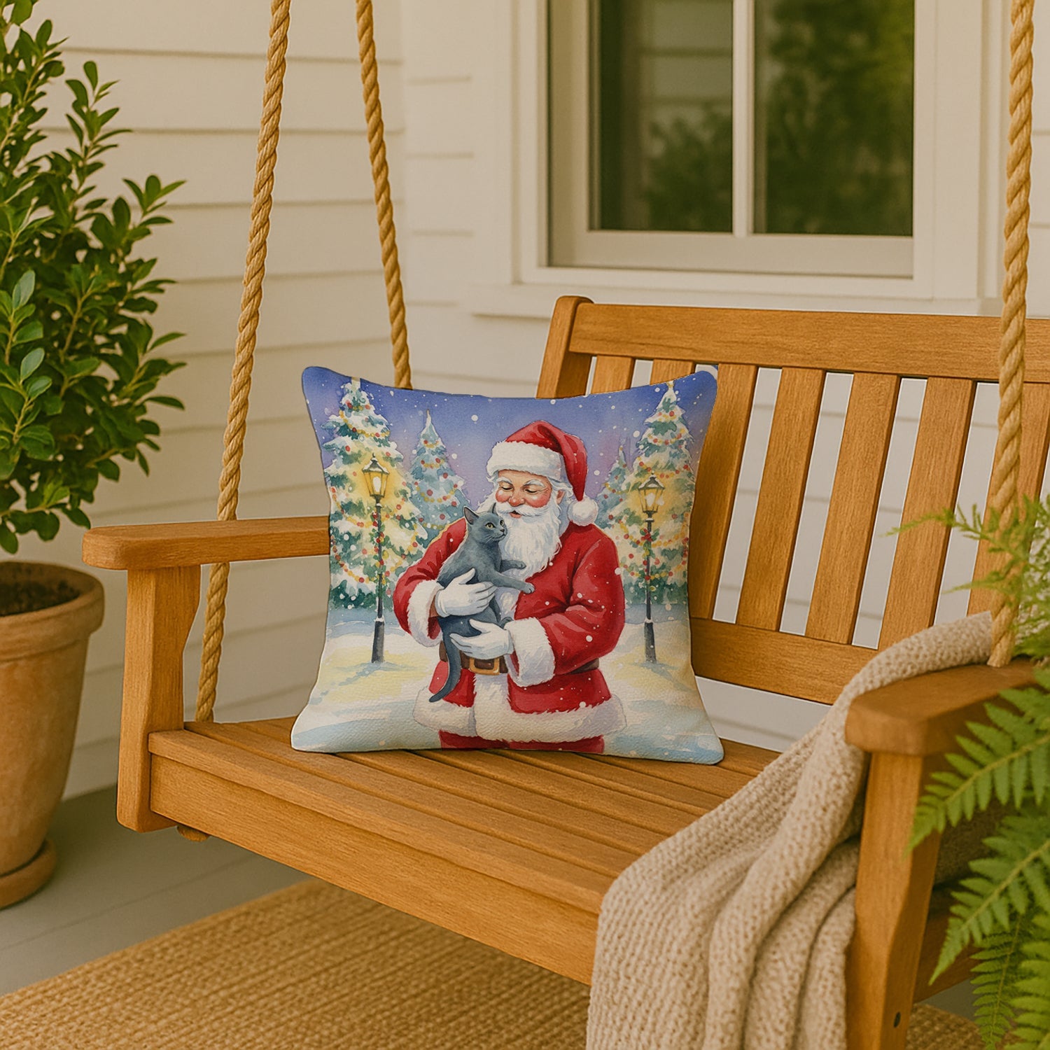 Korat Cat with Santa Claus Decorative Throw Pillow 18x18 Indoor Outdoor Accent Cushion, Fabric Cover with Insert for Sofa, Bed, Porch & Living Room