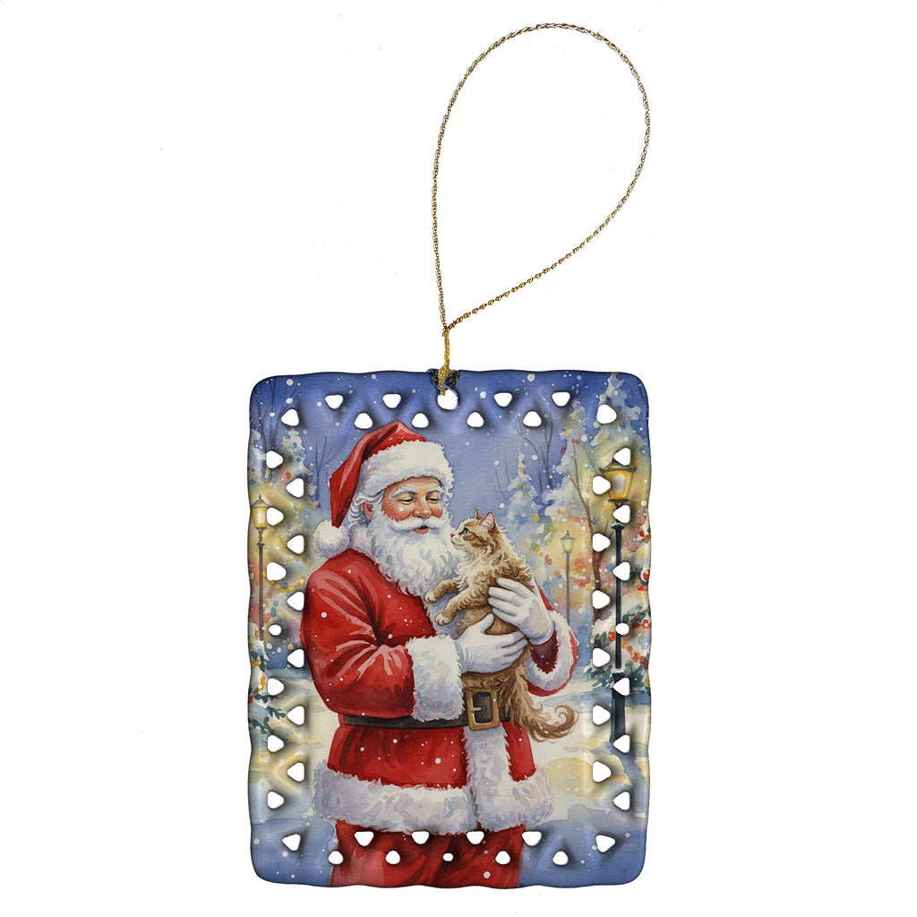 LaPerm Cat with Santa Claus Porcelain Ornament Christmas Tree Hanging Decorations for Home Christmas Holiday, Rectangle, Gift, Multicolor