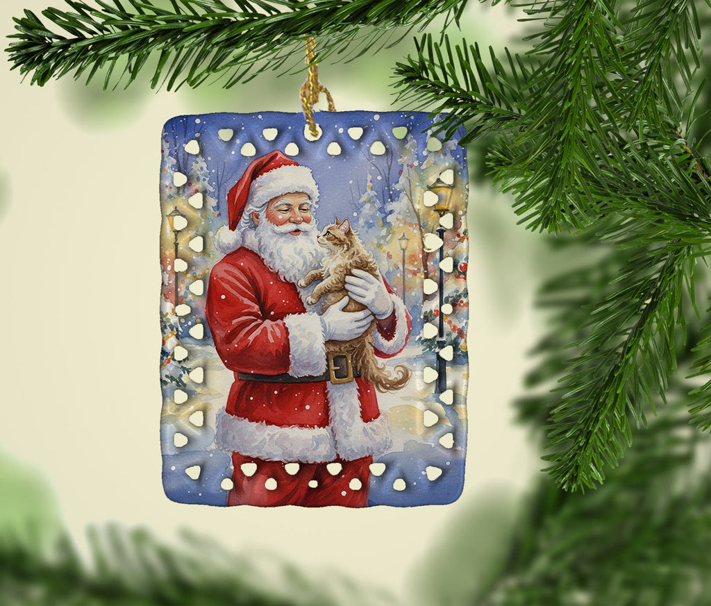 LaPerm Cat with Santa Claus Porcelain Ornament Christmas Tree Hanging Decorations for Home Christmas Holiday, Rectangle, Gift, Multicolor