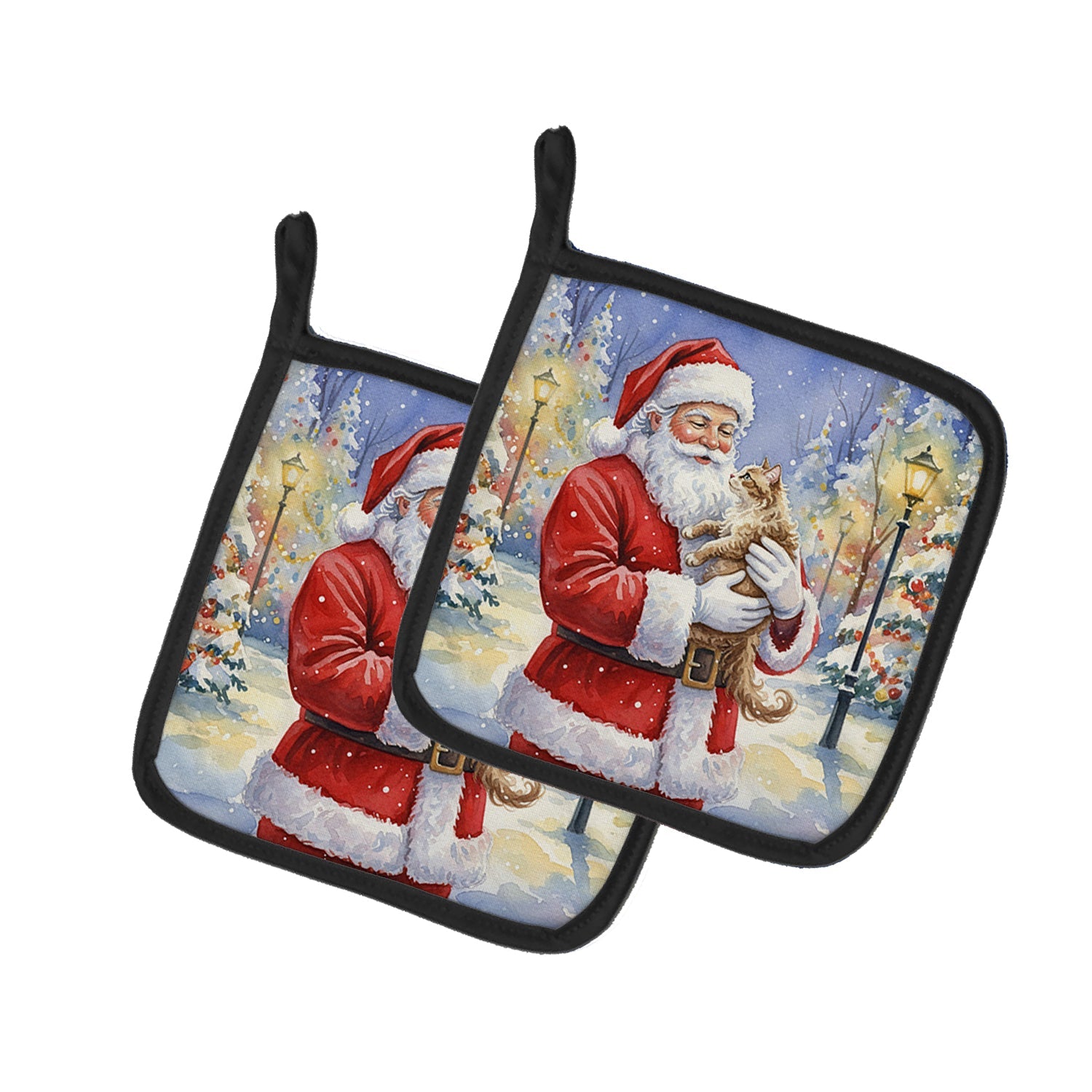 LaPerm Cat with Santa Claus Pot Holder Set of 2 Heat Resistant Quilted Hot Pads 7.5 x 7.5 Inch, Insulated Kitchen Trivets for Cooking & Baking