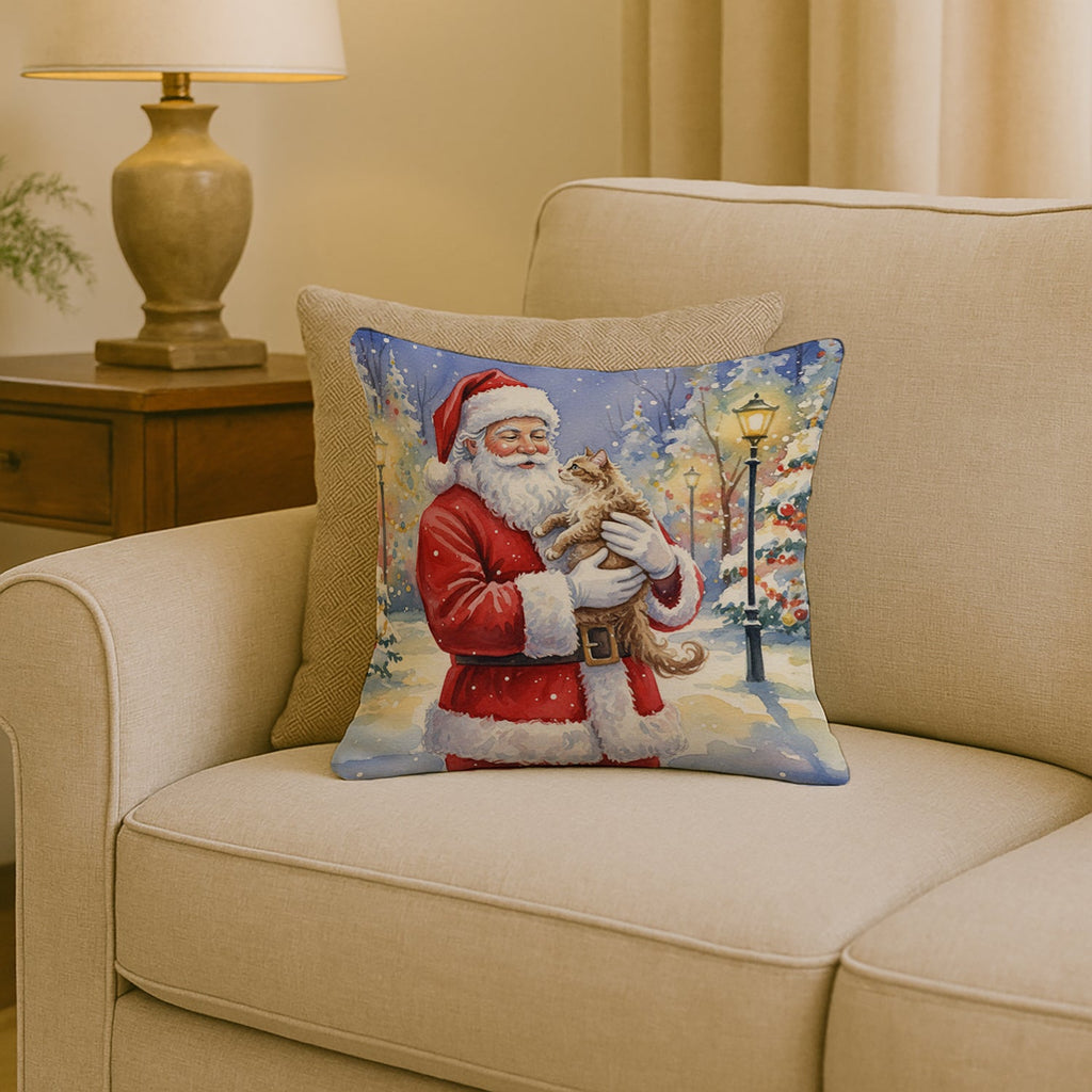 LaPerm Cat with Santa Claus Decorative Throw Pillow 18x18 Indoor Outdoor Accent Cushion, Fabric Cover with Insert for Sofa, Bed, Porch & Living Room