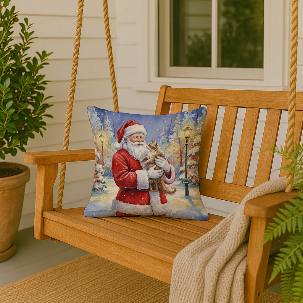 LaPerm Cat with Santa Claus Decorative Throw Pillow 18x18 Indoor Outdoor Accent Cushion, Fabric Cover with Insert for Sofa, Bed, Porch & Living Room
