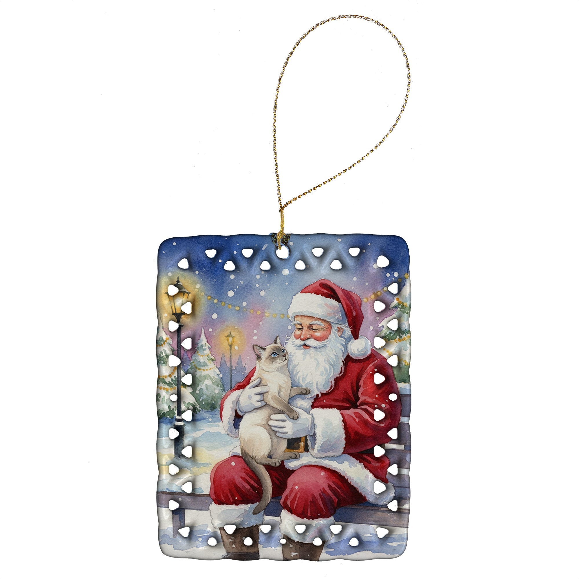 Lilac Point Cat with Santa Claus Porcelain Ornament Christmas Tree Hanging Decorations for Home Christmas Holiday, Rectangle, Gift, Multicolor