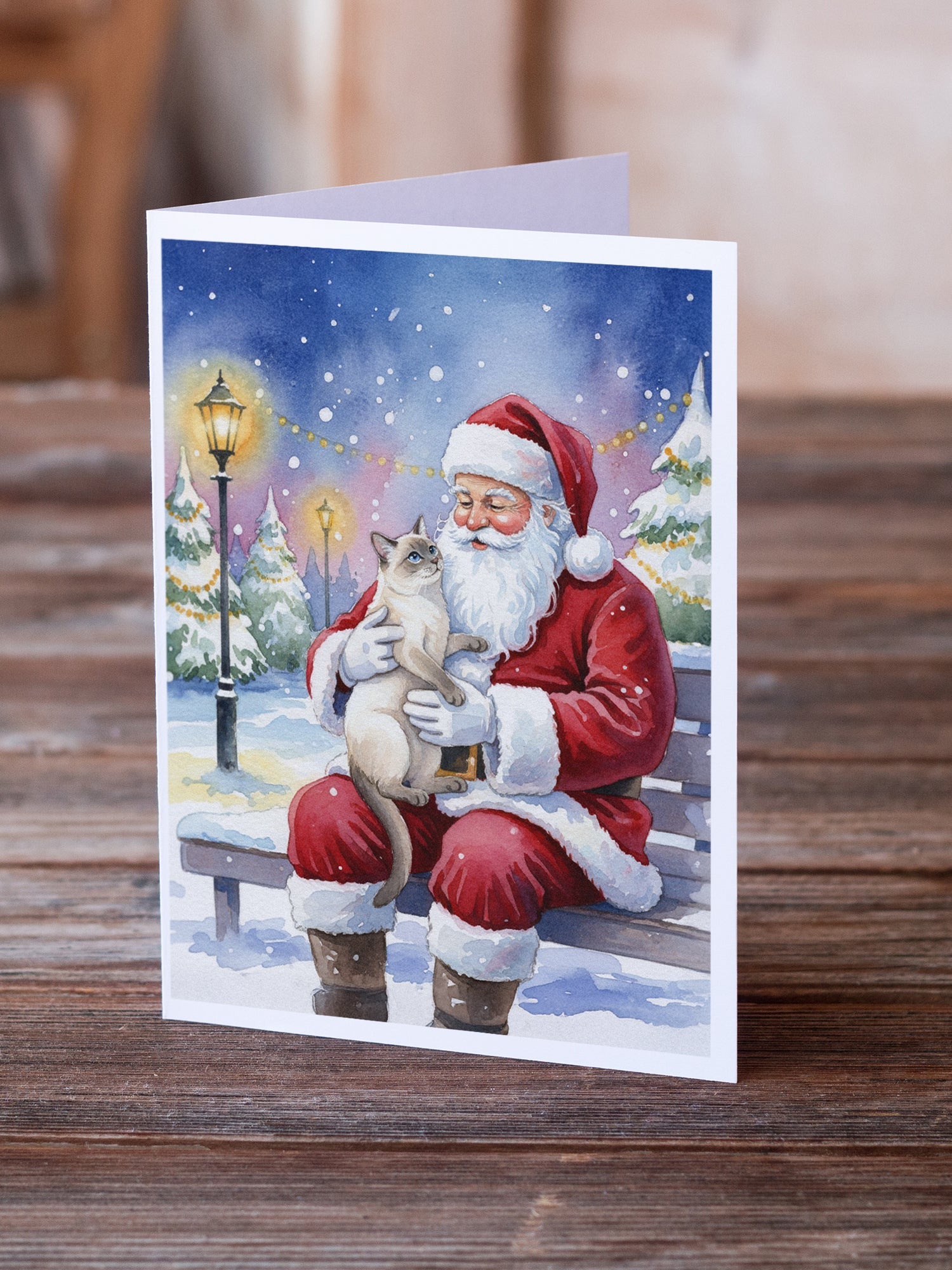 Lilac Point Cat with Santa Claus Greeting Cards Pack of 8 Blank Cards with Envelopes Whimsical A7 Size 5x7