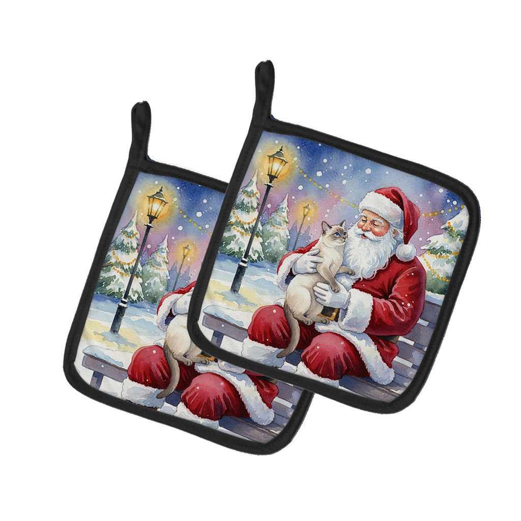 Lilac Point Cat with Santa Claus Pot Holder Set of 2 Heat Resistant Quilted Hot Pads 7.5 x 7.5 Inch, Insulated Kitchen Trivets for Cooking & Baking