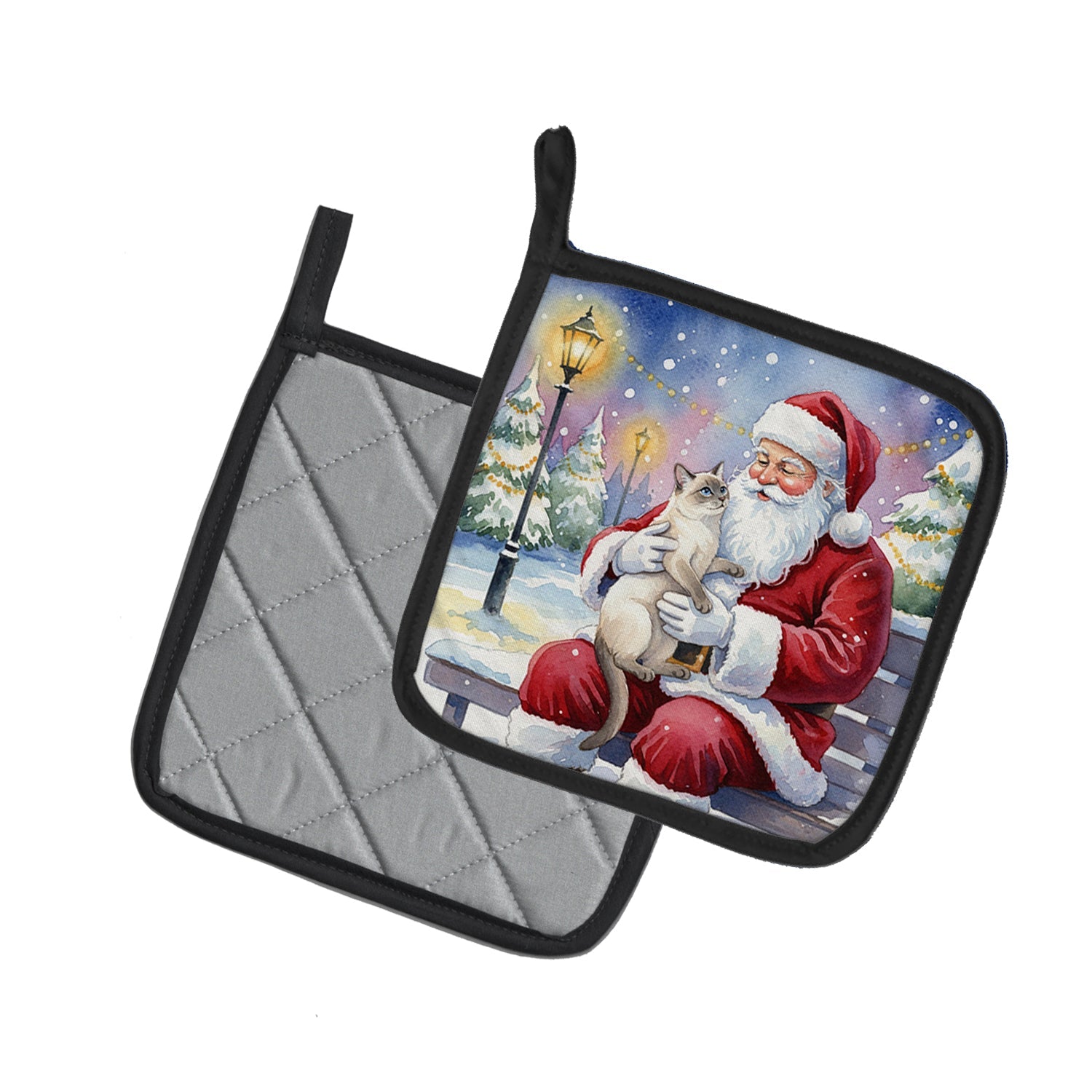 Lilac Point Cat with Santa Claus Pot Holder Set of 2 Heat Resistant Quilted Hot Pads 7.5 x 7.5 Inch, Insulated Kitchen Trivets for Cooking & Baking