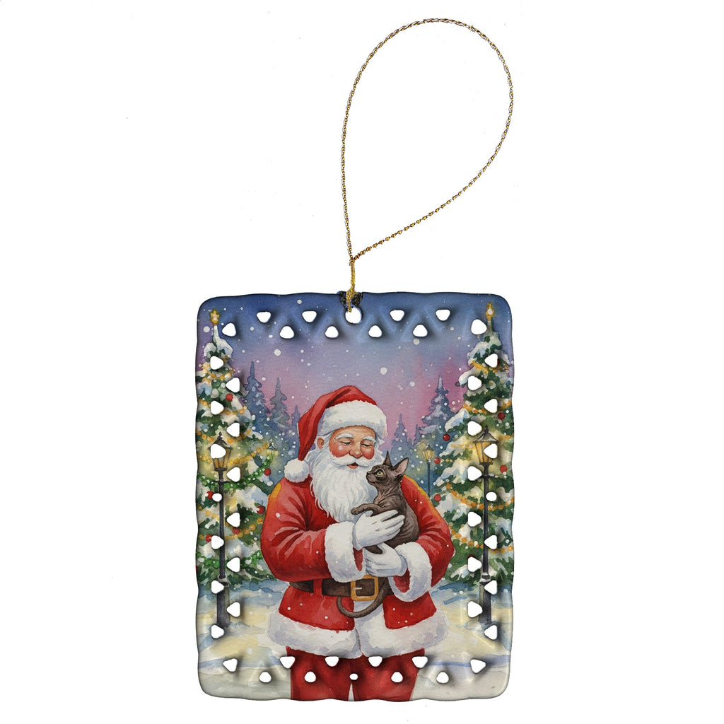 Lykoi Cat with Santa Claus Porcelain Ornament Christmas Tree Hanging Decorations for Home Christmas Holiday, Rectangle, Gift, Multicolor