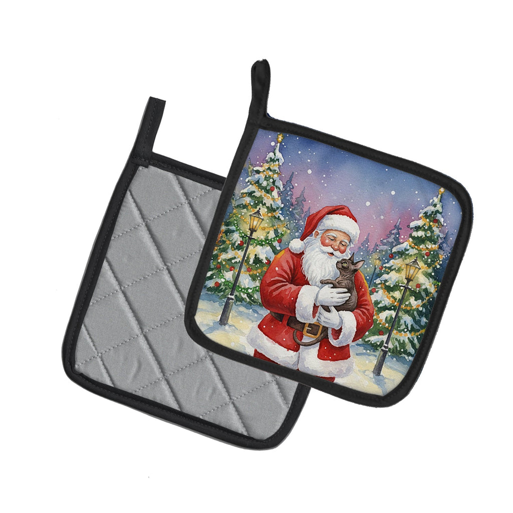 Lykoi Cat with Santa Claus Pot Holder Set of 2 Heat Resistant Quilted Hot Pads 7.5 x 7.5 Inch, Insulated Kitchen Trivets for Cooking & Baking