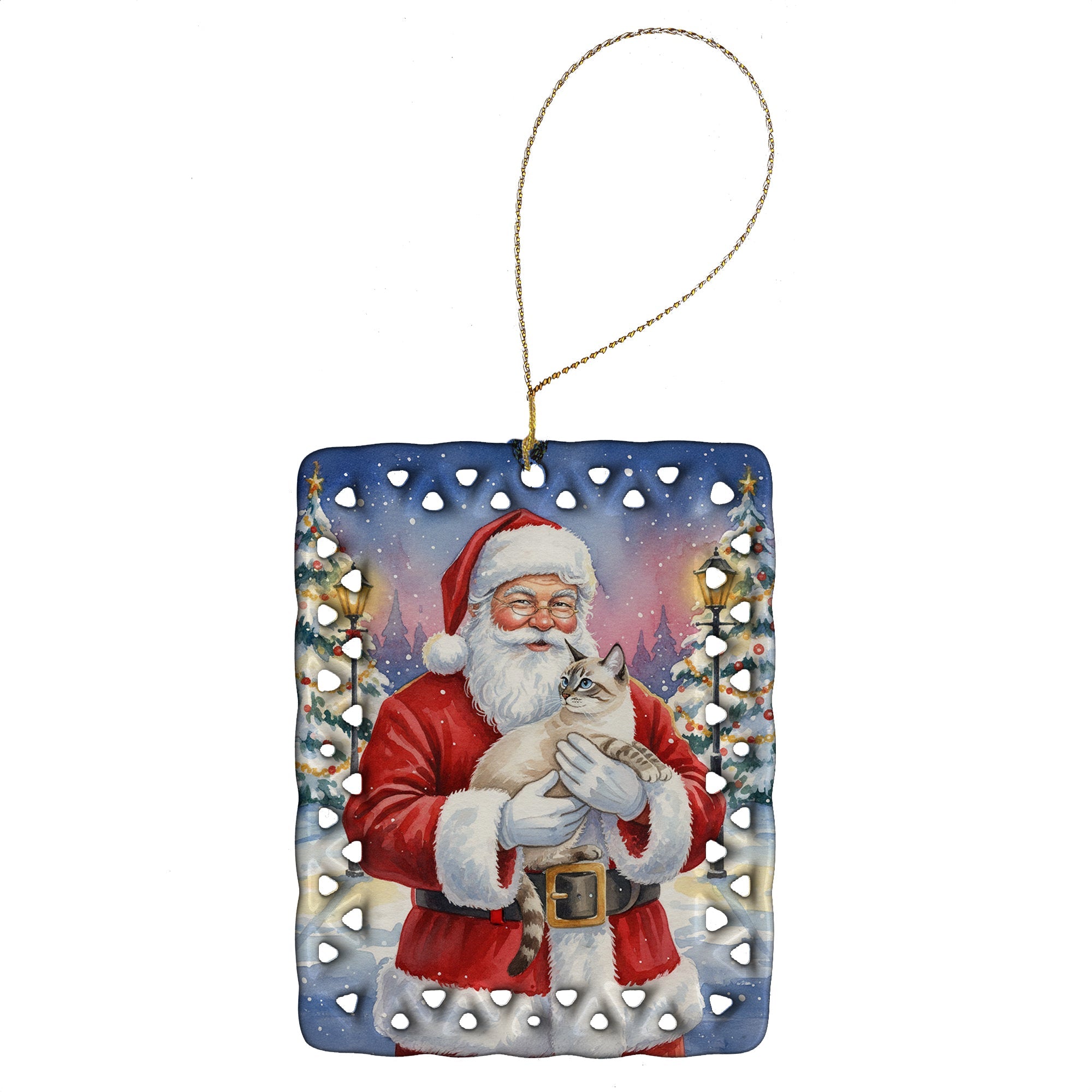 Lynx Point Cat with Santa Claus Porcelain Ornament Christmas Tree Hanging Decorations for Home Christmas Holiday, Rectangle, Gift, Multicolor