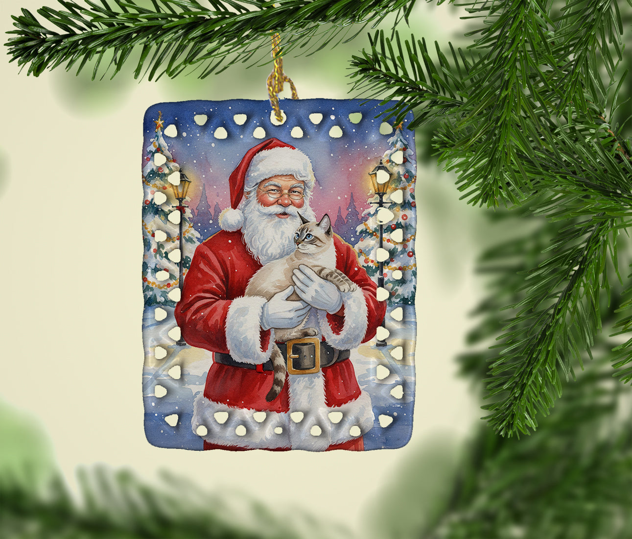 Lynx Point Cat with Santa Claus Porcelain Ornament Christmas Tree Hanging Decorations for Home Christmas Holiday, Rectangle, Gift, Multicolor
