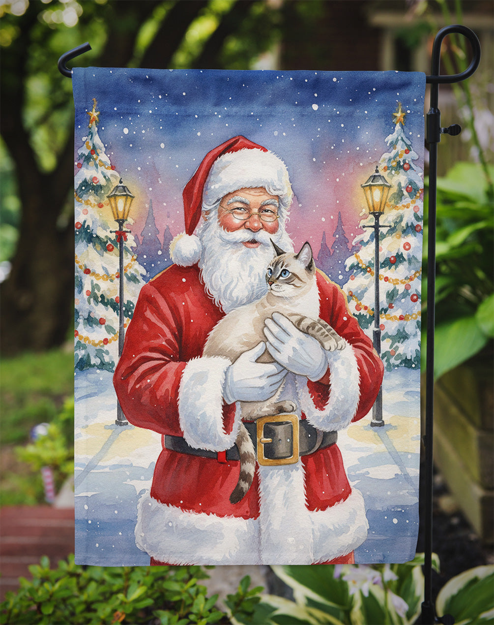 Lynx Point Cat with Santa Claus Garden Flag Mailbox Decorative Yard Banner Outside Patio Artwork for Flower Beds, Garden Size, Multicolor
