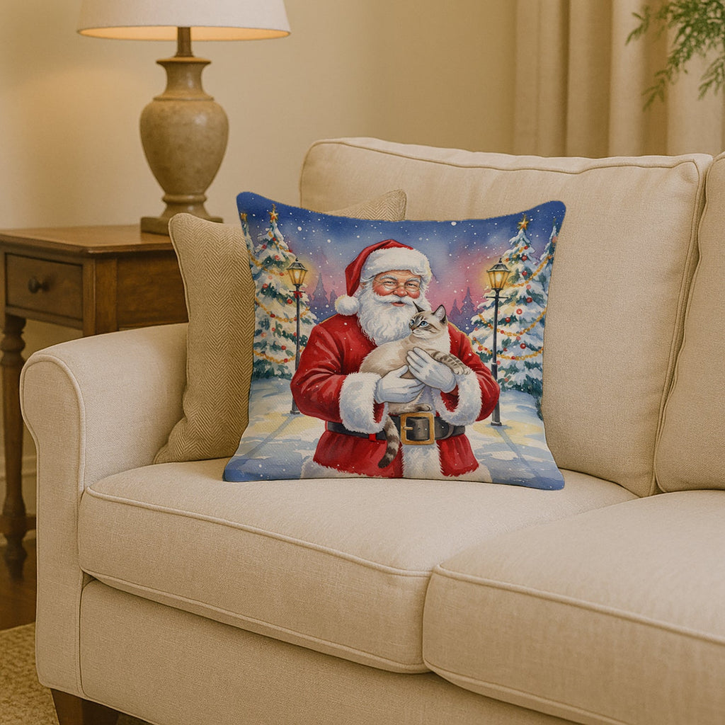 Lynx Point Cat with Santa Claus Decorative Throw Pillow 14x14 Indoor Outdoor Accent Cushion, Fabric Cover with Insert for Sofa, Bed, Porch & Living Room
