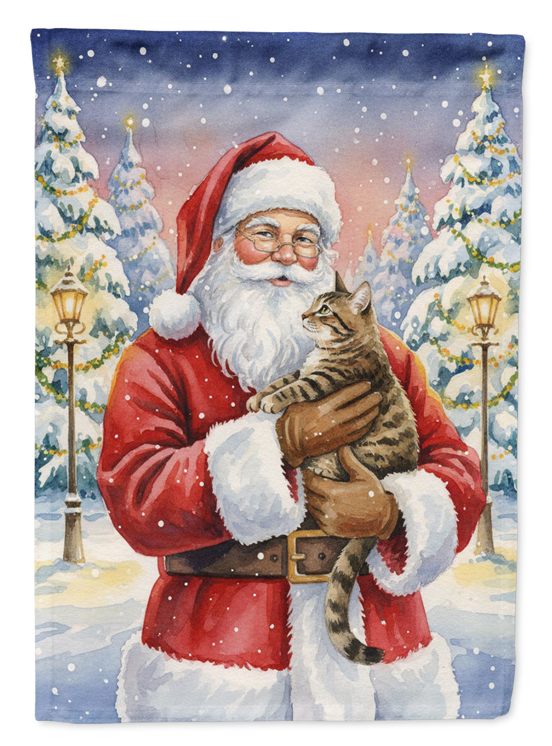 Mackerel Tabby Brown Cat with Santa Claus House Flag 28x40 Porch Sleeve Pole Decorative Outside Yard Banner Artwork Wall Hanging, Polyester