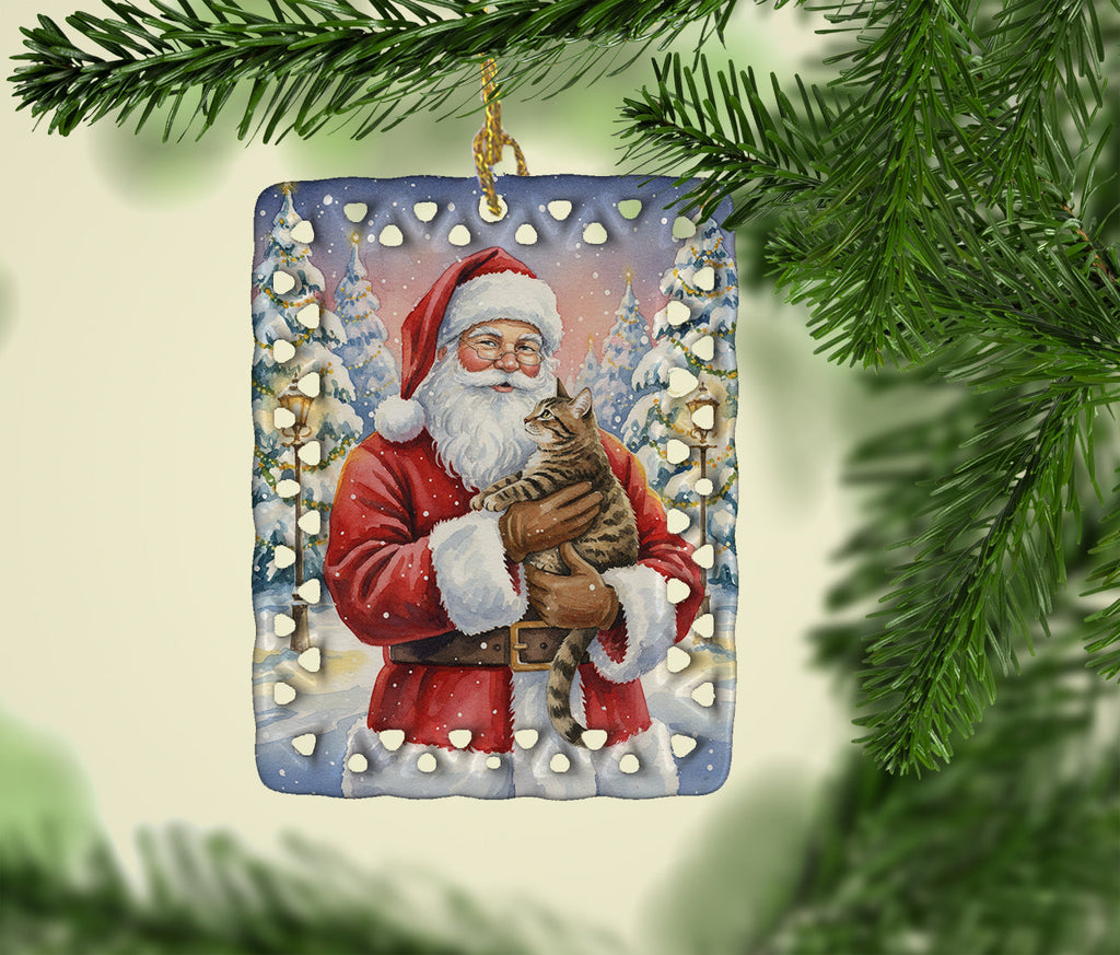 Mackerel Tabby Brown Cat with Santa Claus Porcelain Ornament Christmas Tree Hanging Decorations for Home Christmas Holiday, Rectangle, Gift, Multicolor