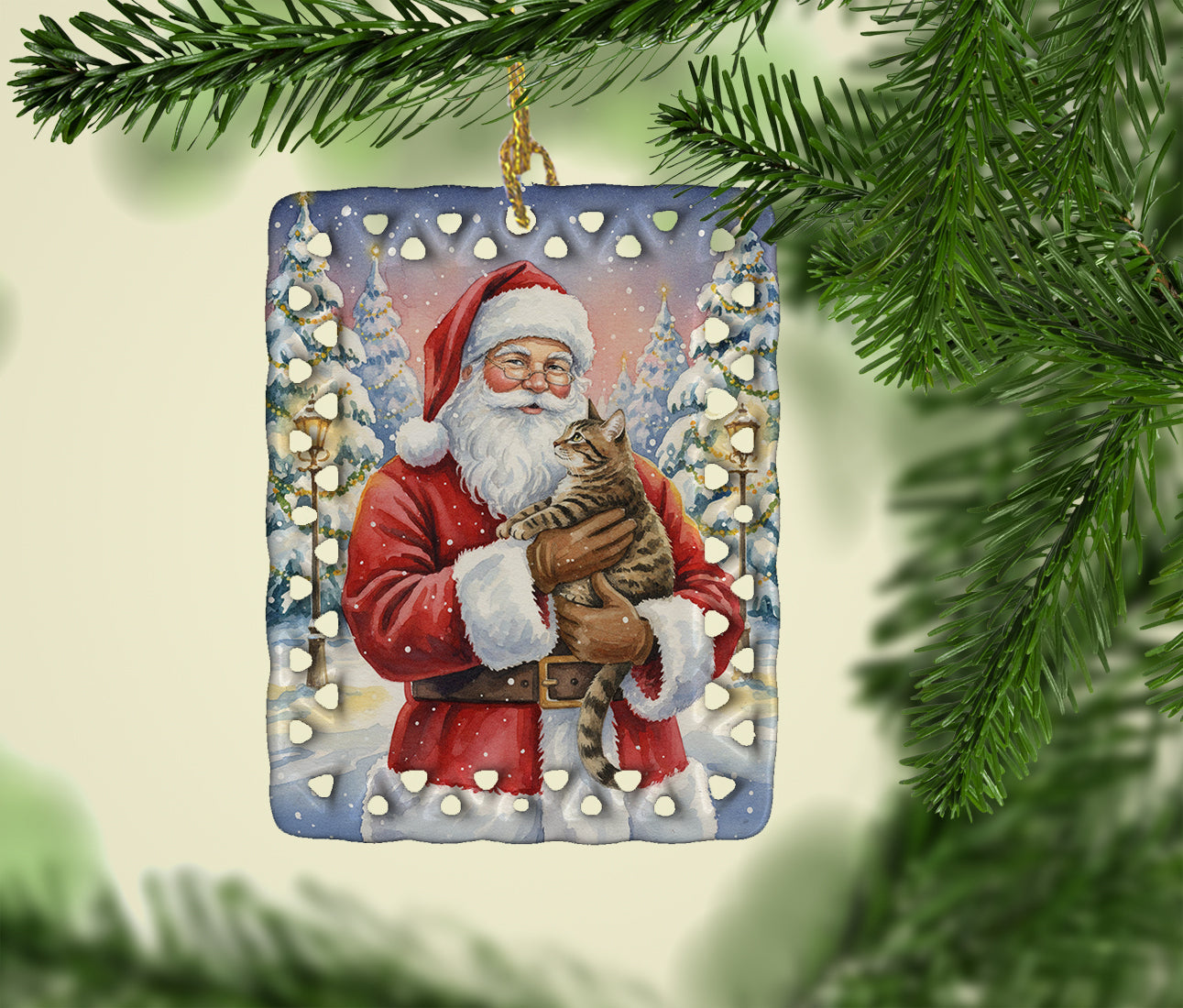 Mackerel Tabby Brown Cat with Santa Claus Porcelain Ornament Christmas Tree Hanging Decorations for Home Christmas Holiday, Rectangle, Gift, Multicolor