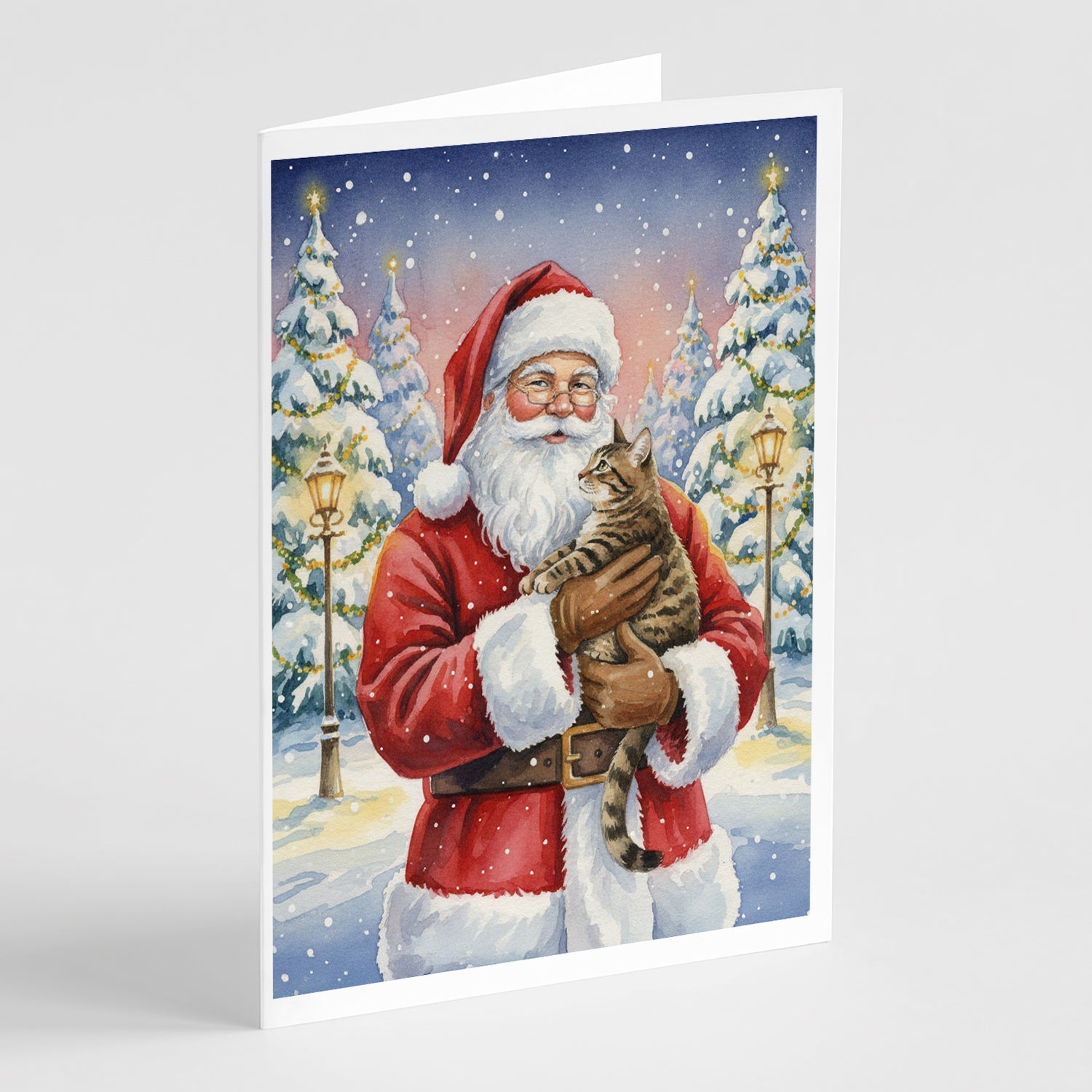 Mackerel Tabby Brown Cat with Santa Claus Greeting Cards Pack of 8 Blank Cards with Envelopes Whimsical A7 Size 5x7