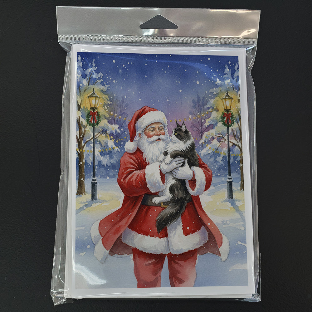MaineCoon Black & White Cat with Santa Claus Greeting Cards Pack of 8 Blank Cards with Envelopes Whimsical A7 Size 5x7