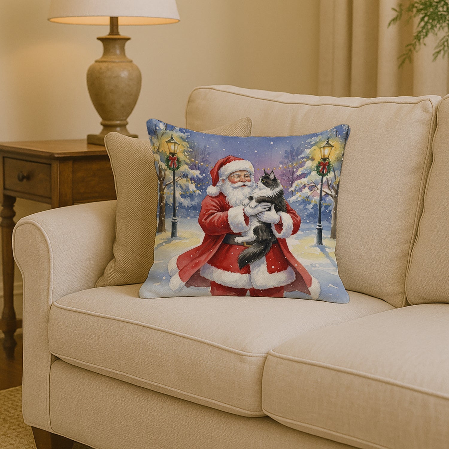MaineCoon Black & White Cat with Santa Claus Decorative Throw Pillow 14x14 Indoor Outdoor Accent Cushion, Fabric Cover with Insert for Sofa, Bed, Porch & Living Room