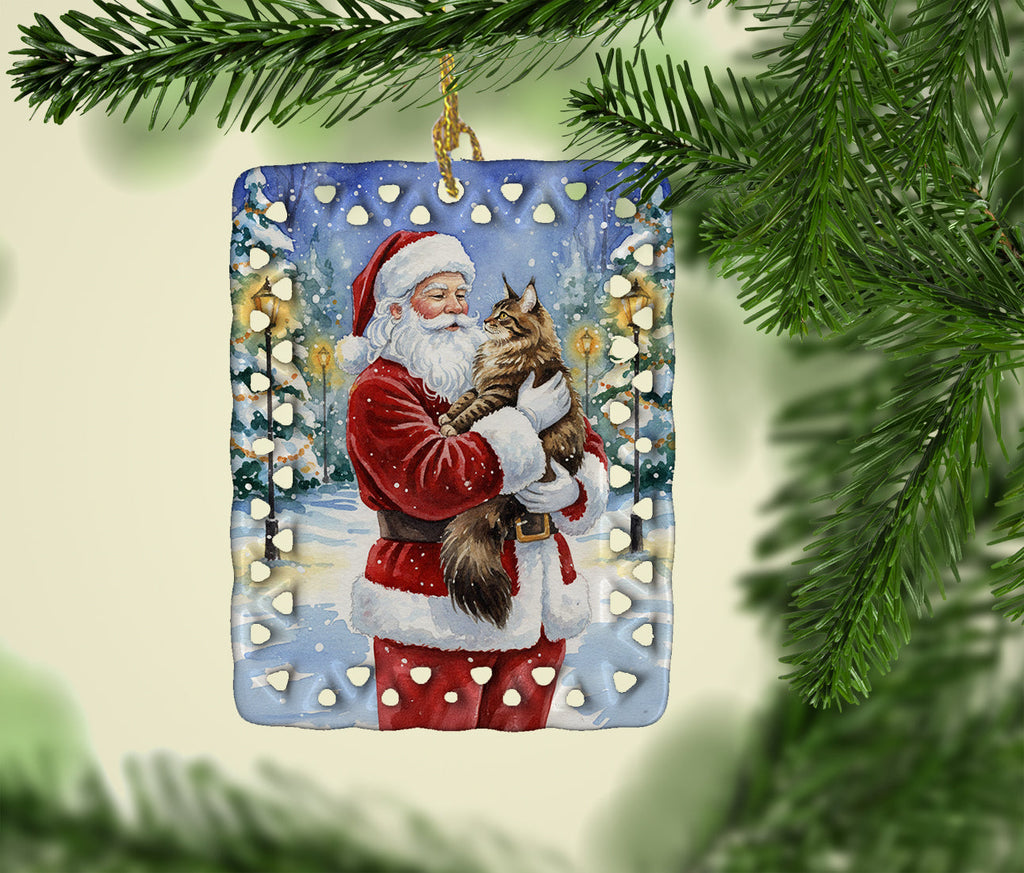 MaineCoon Brown Tabby Cat with Santa Claus Porcelain Ornament Christmas Tree Hanging Decorations for Home Christmas Holiday, Rectangle, Gift, Multicolor