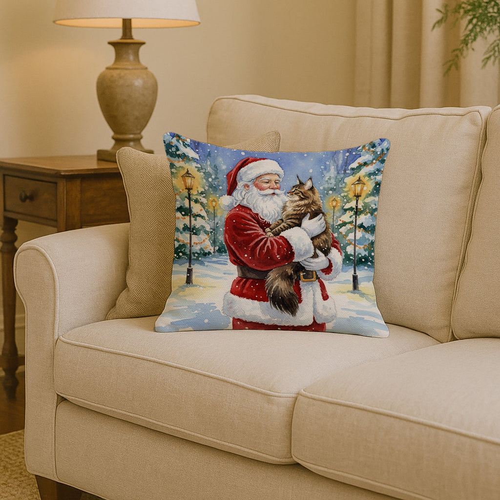 MaineCoon Brown Tabby Cat with Santa Claus Decorative Throw Pillow 14x14 Indoor Outdoor Accent Cushion, Fabric Cover with Insert for Sofa, Bed, Porch & Living Room
