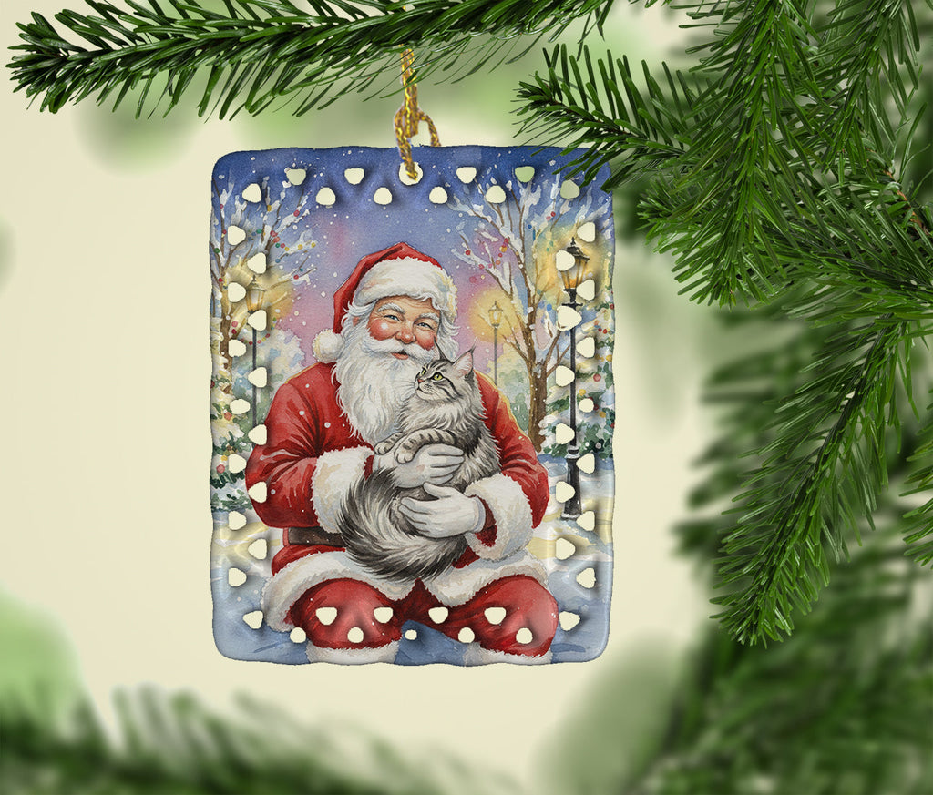 MaineCoon Silver Tabby Cat with Santa Claus Porcelain Ornament Christmas Tree Hanging Decorations for Home Christmas Holiday, Rectangle, Gift, Multicolor