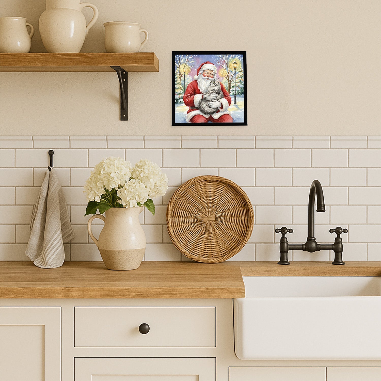 MaineCoon Silver Tabby Cat with Santa Claus Framed Metal Print Bathroom, Kitchen, Office, Home Decor Wall Art Ready to Hang, Square, 8X8