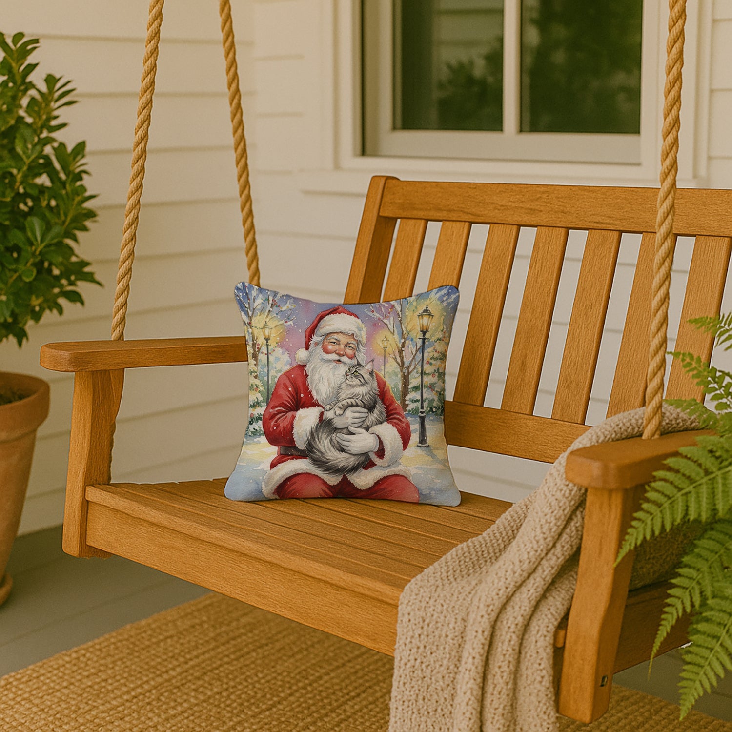 MaineCoon Silver Tabby Cat with Santa Claus Decorative Throw Pillow 14x14 Indoor Outdoor Accent Cushion, Fabric Cover with Insert for Sofa, Bed, Porch & Living Room
