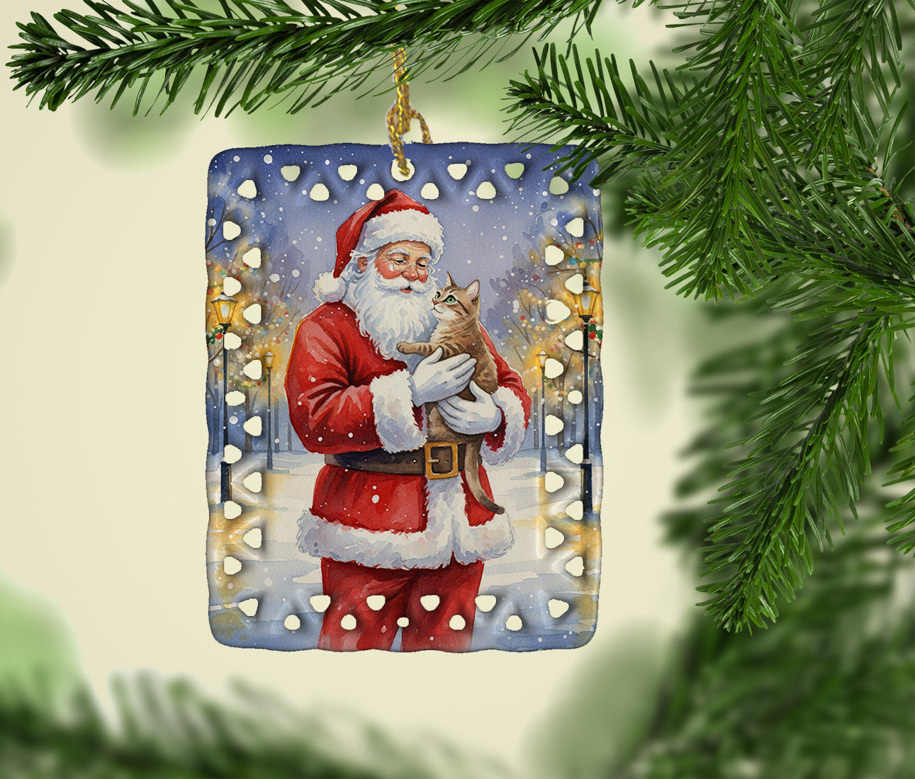 Malayan Cat with Santa Claus Porcelain Ornament Christmas Tree Hanging Decorations for Home Christmas Holiday, Rectangle, Gift, Multicolor