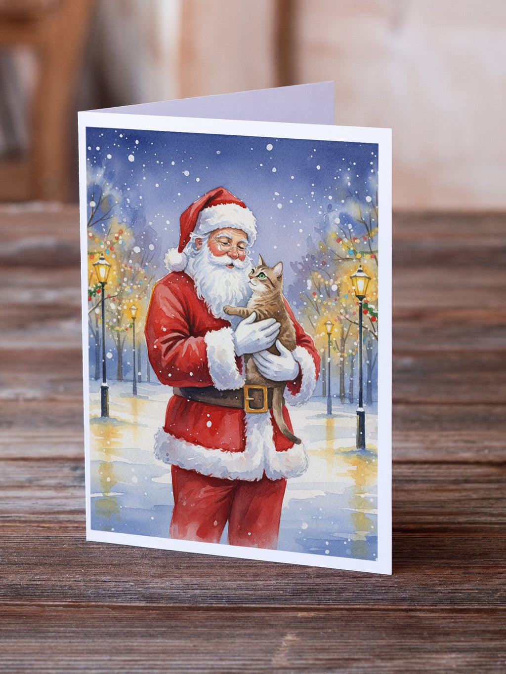 Malayan Cat with Santa Claus Greeting Cards Pack of 8 Blank Cards with Envelopes Whimsical A7 Size 5x7