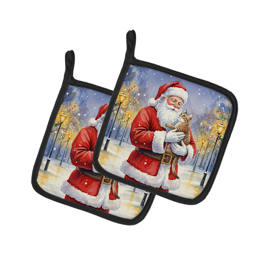 Malayan Cat with Santa Claus Pot Holder Set of 2 Heat Resistant Quilted Hot Pads 7.5 x 7.5 Inch, Insulated Kitchen Trivets for Cooking & Baking