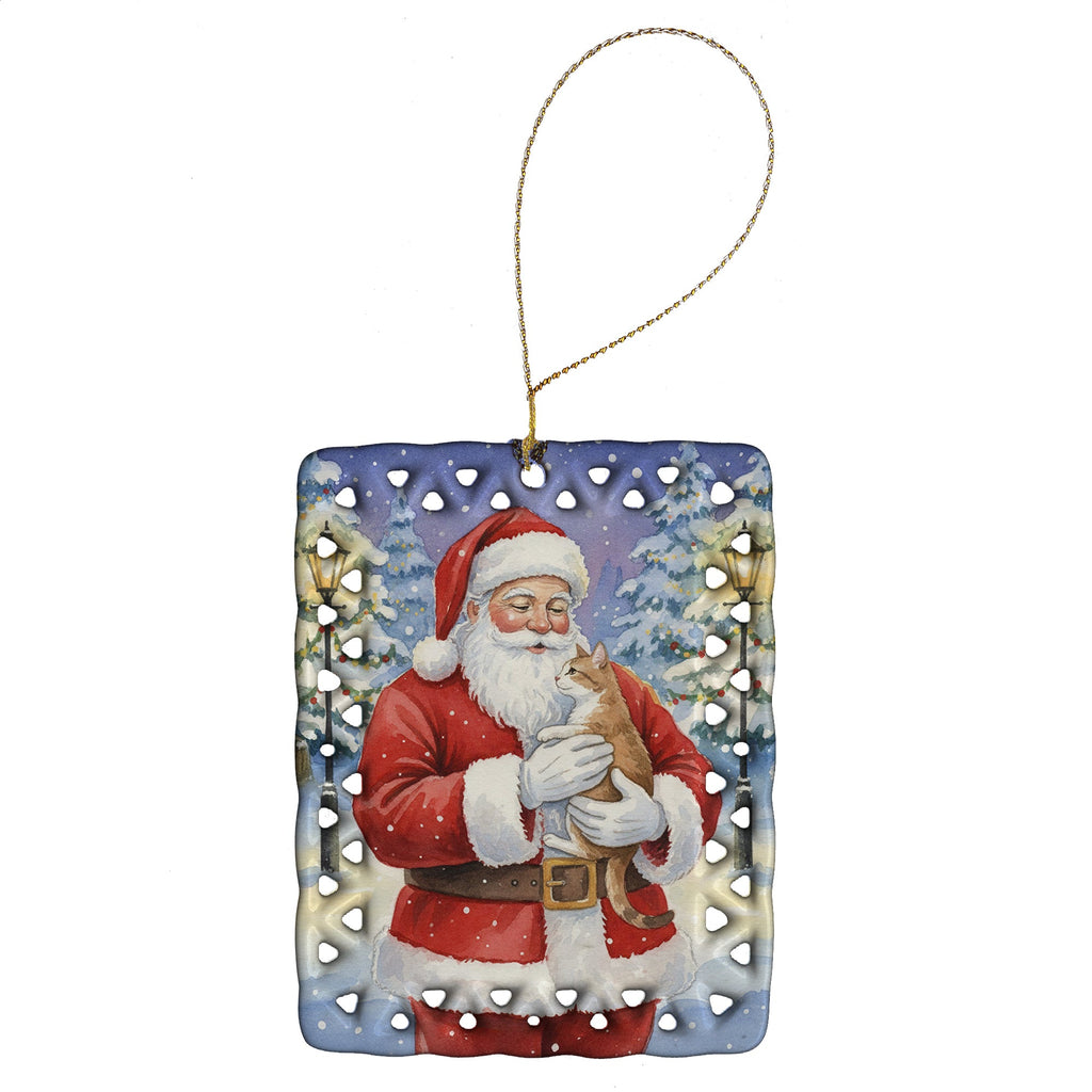 Manx Cat with Santa Claus Porcelain Ornament Christmas Tree Hanging Decorations for Home Christmas Holiday, Rectangle, Gift, Multicolor