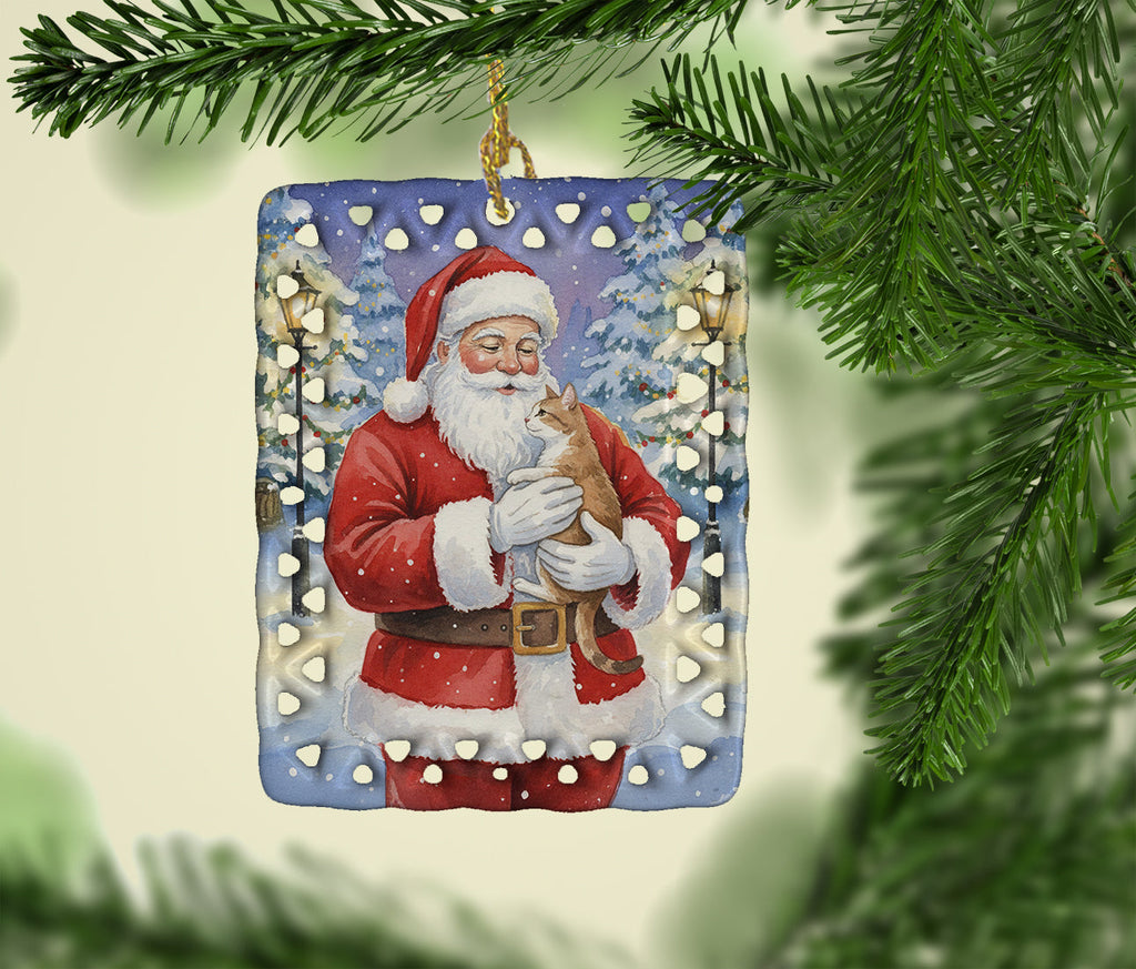 Manx Cat with Santa Claus Porcelain Ornament Christmas Tree Hanging Decorations for Home Christmas Holiday, Rectangle, Gift, Multicolor