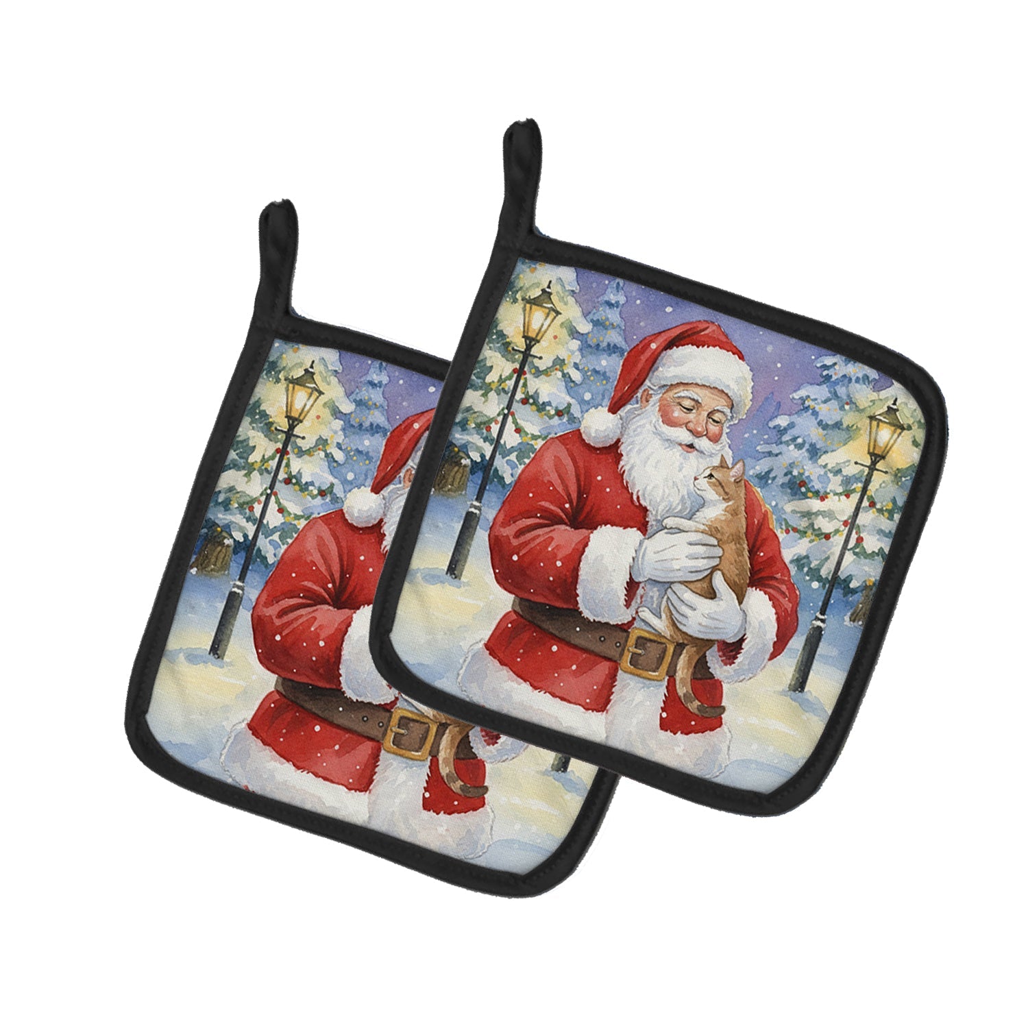Manx Cat with Santa Claus Pot Holder Set of 2 Heat Resistant Quilted Hot Pads 7.5 x 7.5 Inch, Insulated Kitchen Trivets for Cooking & Baking